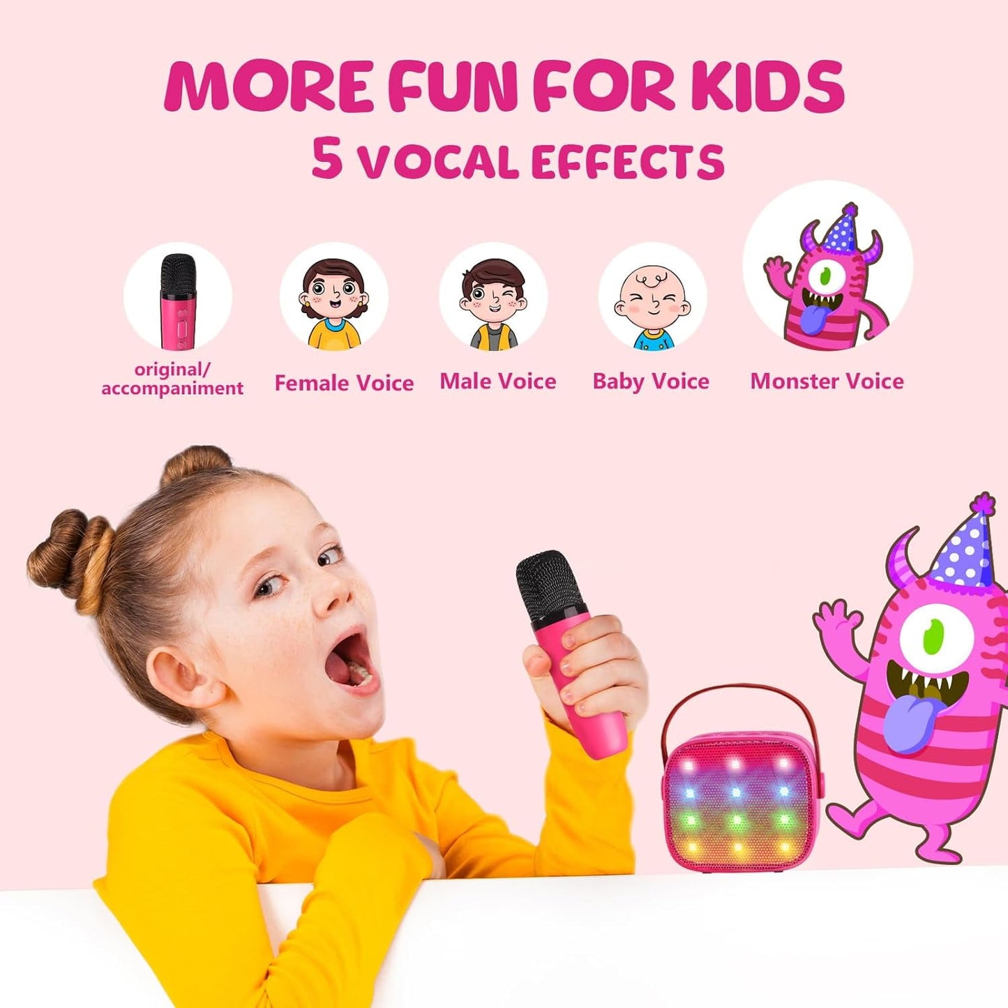 BONAOK Mini Karaoke Machine for Kids Adults, Portable Bluetooth Speaker with 2 Wireless Microphone, Karaoke Singing Gifts Toys (Pink)