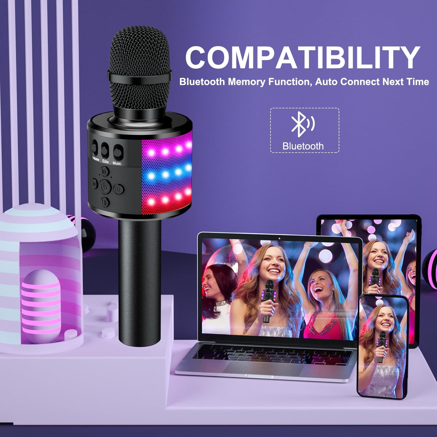 BONAOK Bluetooth Wireless Karaoke Microphone with LED Lights,4-in-1 Portable Handheld Mic with Speaker Karaoke Player for Singing Home Party Toys Birthday Gift for Kids Adults Q78(Rose Gold)